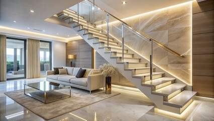 Sleek white marble U-shaped staircase with LED strip lighting and tempered glass balustrade adorns a lavish beige living room interior.