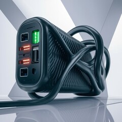 macro shot of a portable power bank with USB ports, showing the texture and LED indicators 