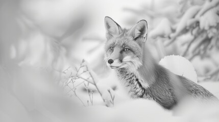 Peaceful red fox resting in snowy forest, blending into winter environment in monochrome portrait