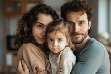 A family of three, parents and their young daughter, are huddled together enjoying a blissful moment, conveying warmth and love in a cozy home setting.