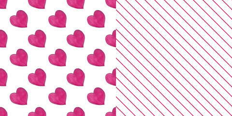 Abstract couples collection. Vintage backgrounds of hearts and stripes. Modern trendy minimalist style. Pink watercolor. Seamless basic patterns for your design. Diagonal pattern. White background