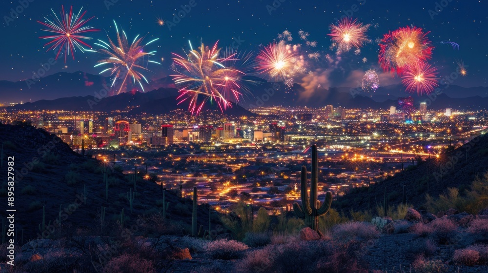 Poster Fireworks Display Over a Cityscape with a Mountain Range and Saguaro Cactus in the Foreground