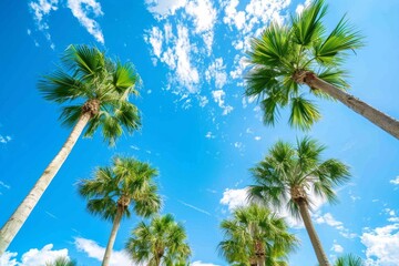 Tall palm trees. View from below to the sky