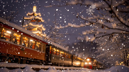 Train passing through a snowy landscape with festive lights and a pagoda in the background.