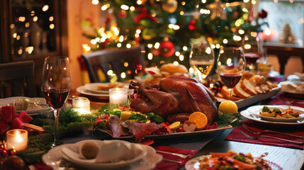 Festive Christmas dinner table with roasted turkey, candles, and holiday decorations, creating a warm and joyful atmosphere.