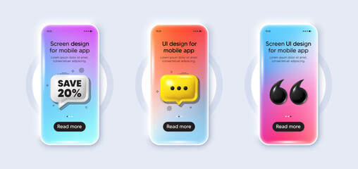 Phone 3d mockup gradient screen. Save 20 percent off tag. Sale Discount offer price sign. Special offer symbol. Discount phone mockup message. 3d chat speech bubble. Yellow text box app. Vector