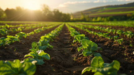 Rows of green vegetable plants growing in a fertile field during sunrise, with a scenic rural landscape in the background.