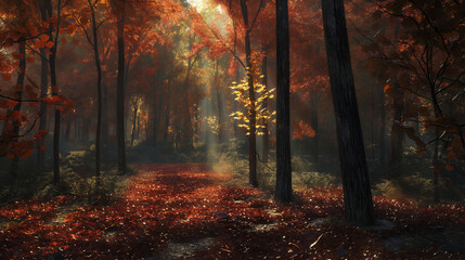 Autumn forest with bright red leaves and sunlight filtering through trees