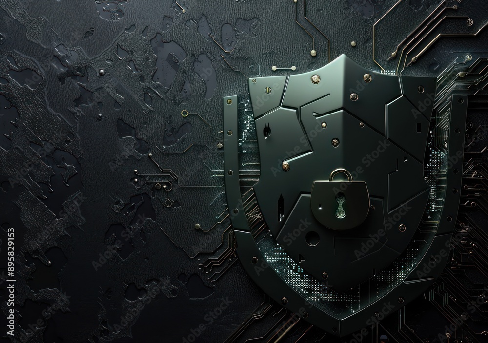 Poster A metallic shield with a padlock secured on a circuit board background