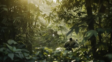 Naklejka premium Giant panda peacefully relaxing in a lush forest, enjoying breakfast of bamboo in gentle morning sunlight