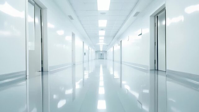 Empty hospital corridor with white walls and bright lighting. Sterile and clean medical environment highlighting healthcare facilities 