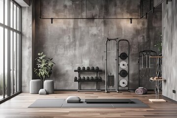 A modern home gym equipped with various exercise machines and accessories, complemented by natural light from large windows and a sleek, minimalist design aesthetic.