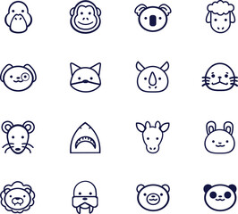 a set of different animals and animals with faces, animal icons, duck, monkey, giraffe, mouse, panda, bear, lion