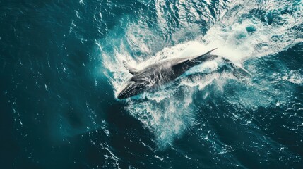 Fototapeta premium Aerial view of a humpback whale swimming at the surface of deep blue ocean water