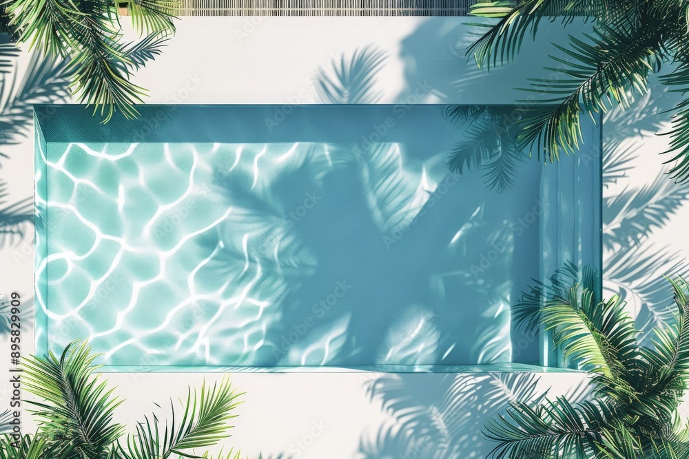 Poster This image features an aerial view of a crystal blue swimming pool, adorned with dramatic shadows from surrounding palm trees, casting a tranquil ambiance.