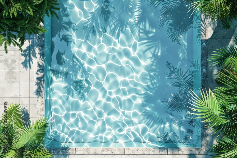 Poster a visually stunning rectangular pool with bright light reflections and surrounding plants, captured 