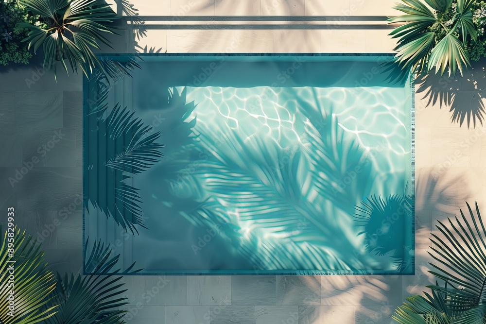 Poster This striking top view showcases a sleek modern swimming pool, its surface patterned by shadows of surrounding palms, suggesting a haven of relaxation and escape.
