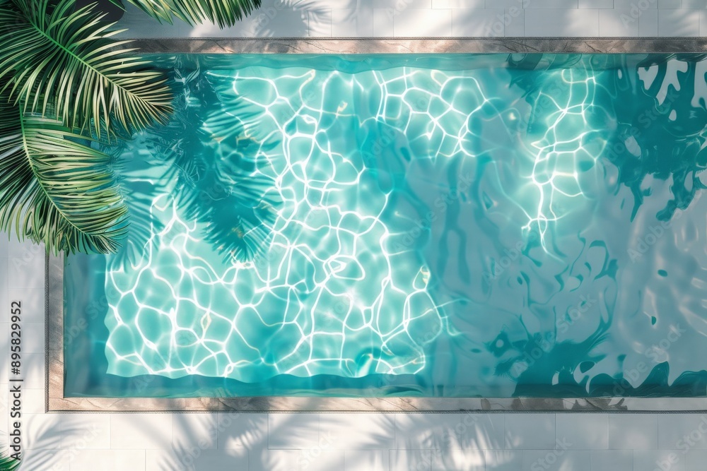 Poster This aerial shot captures a crystal clear swimming pool, with an impeccable view of shadowy palm fronds adding depth to the pristine, tranquil water.