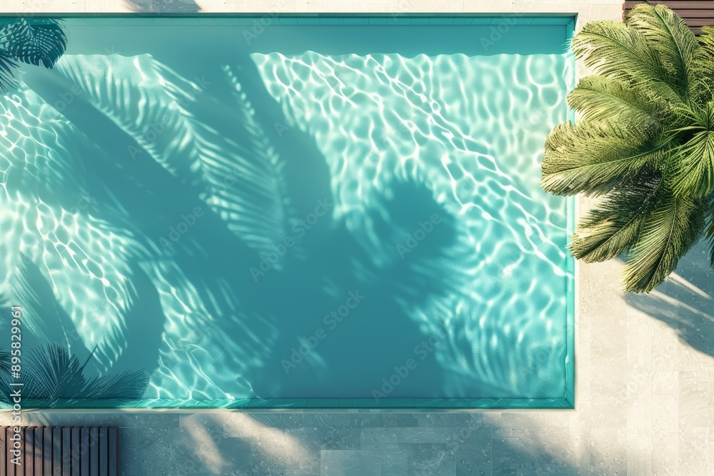 Poster This image features a modern swimming pool, capturing the elegance of crystal clear water perfectly reflecting the shadows of surrounding palm trees, invoking an oasis-like feel.