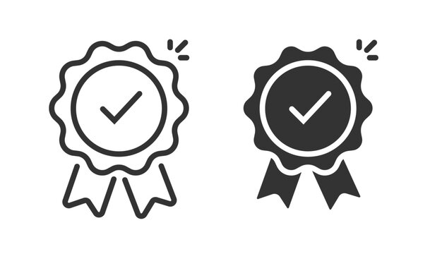 Quality medal icon line outline stroke graphic vector, simple accredited certificate solid glyph black white symbol, guarantee badge seal stamp sign set, satisfaction rosette pictogram award image