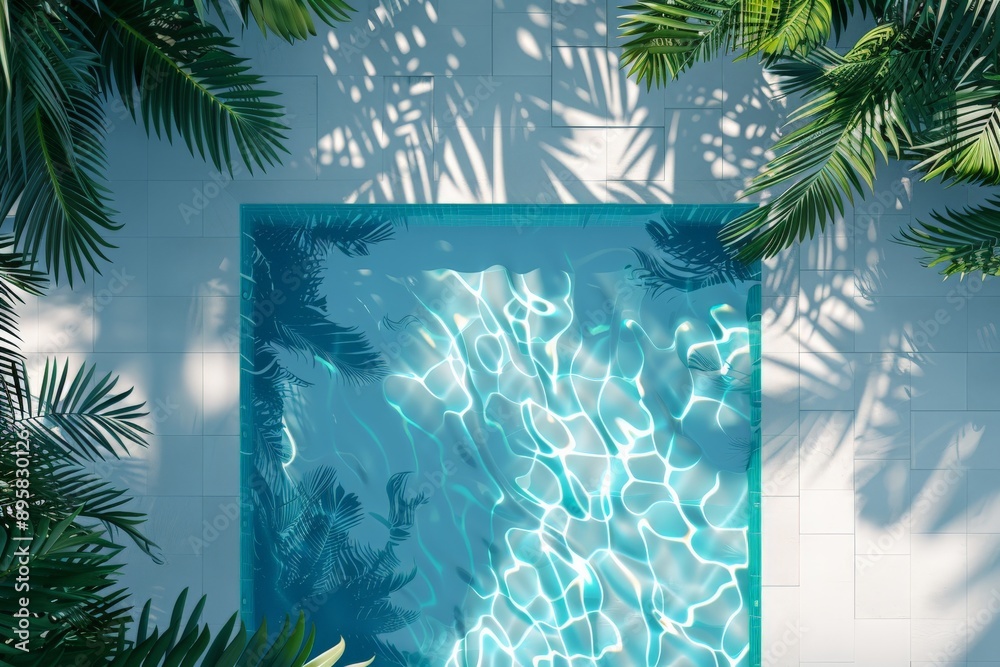 Poster this image captures a square-shaped swimming pool from an overhead perspective, with lush green foli