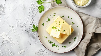 A closeup view of butter cubes on a plate with parsley garnish