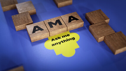  AMA abbreviation of Ask me anything, 3D acronym wood text block concept on blue background