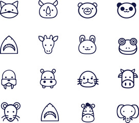 a set of different animals and animals with faces, animal icons, fox, rhino, bear, panda, shark, giraffe, seal, rhino, cow, panda, mouse