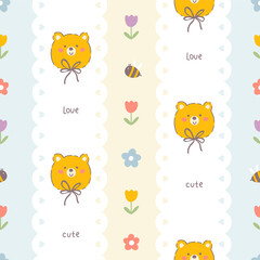 Fototapeta premium Cute vertical border vector seamless pattern, kawaii bear and bee and flowers. Hand-drawn animal character in a simple cartoon style in a pastel palette for baby prints, clothes, textiles, wallpapers