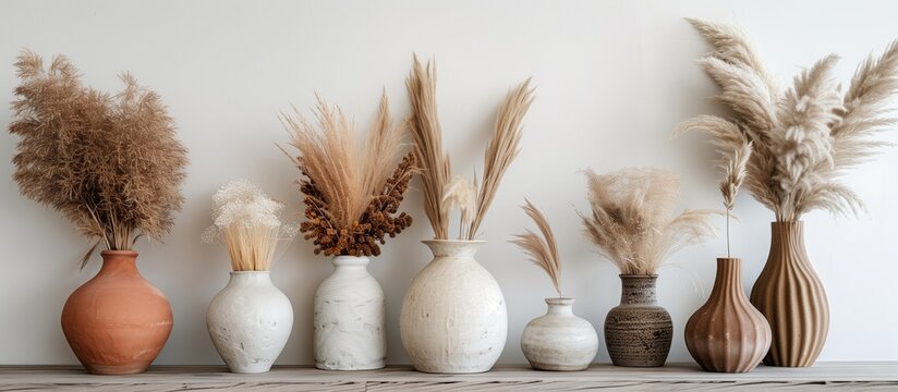 A collection of dried pampas grass in various sizes and shapes, arranged on different vases against an empty white wall for display.