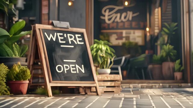 Home made farmhouse style We're open sign outside of a small business 