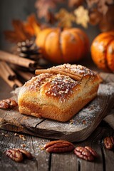 Freshly Baked Pumpkin Bread with Cinnamon and Pecans on Rustic Wooden Board, Surrounded by Autumn Decorations, Pumpkins, and Cinnamon Sticks