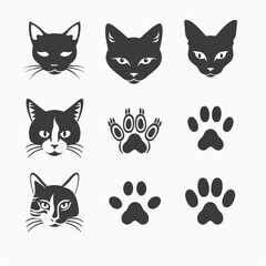 Black Cat Faces and Paw Prints on White Background