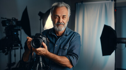 Male photographer adjusting camera in professional studio setting