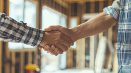 Happy agreement: Contractor and homeowner shaking hands in celebration of a successful home renovation project