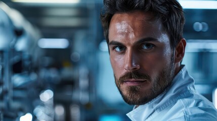 Obraz premium A focused engineer looks intently at the camera, surrounded by machinery in a modern industrial setting.
