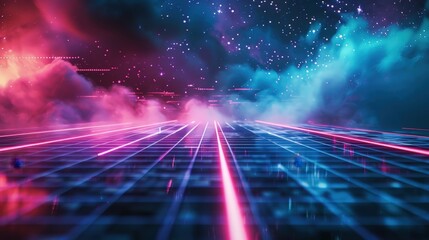 Obraz premium Futuristic Neon Landscape with Glowing Lights and Starry Sky