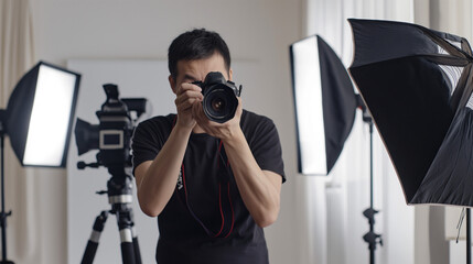 Male photographer adjusting camera in professional studio setting