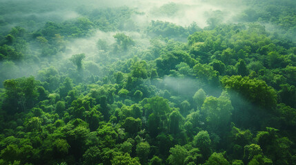 Aerial view of a dense green forest covered in morning mist, showcasing the beauty of nature.