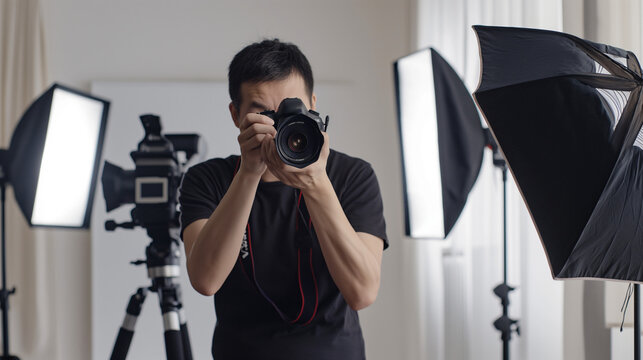 Male photographer adjusting camera in professional studio setting - Powered by Adobe