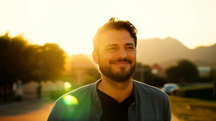Smiling man enjoying sunset in suburban neighborhood