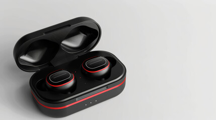 A set of wireless Bluetooth headphones in a charging case, isolated on a white background. 3D rendering of accessories designed for listening to music or remote work from home.