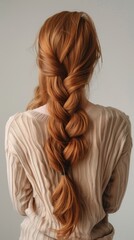 Fototapeta premium A woman with long red hair in a braid and a beige sweater is depicted in a studio setting with a neutral wall background, highlighting her hairstyle.