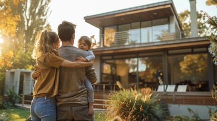 A happy family of three, dressed casually, stands in front of a suburban house with a yard. The parents embrace the child, dressed in a brown jacket, enjoying a possible sunset moment outdoors.