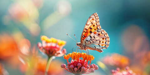 Obraz premium A detailed photograph of a butterfly perched on vibrant flowers, with a soft-focus garden background.