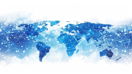 A world map showing bright blue dots connected by white lines symbolizing global connections. Clear continents outlined against a light blue backdrop with a cosmic or digital universe vibe.