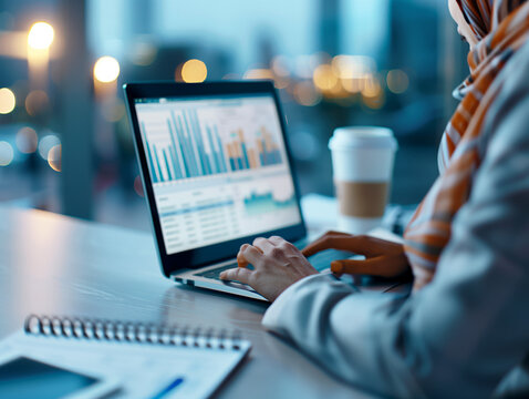 Une femme ing&eacute;nieure, voil&eacute;e, r&eacute;dige un rapport d'audit en entreprise sur un ordinateur portable, analyse des donn&eacute;es et du trafic, profession du num&eacute;rique, logiciels, IT et l'analyse business