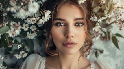 Fototapeta premium Portrait of Young Woman with Floral Background