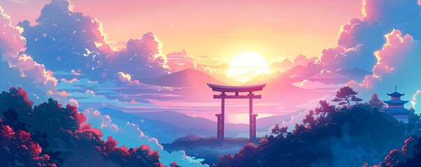 Obraz premium Sunset view of a Japanese cultural site with temples and a Torii gate the sky glowing with warm colors captured in dynamic anime style with rich hues and serene atmosphere