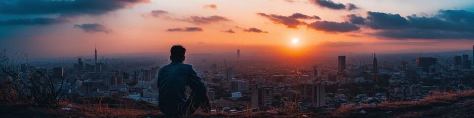 Fototapeta premium A man is sitting on a hill overlooking a city with a beautiful sunset in the background. Concept of peace and tranquility as the man takes in the breathtaking view